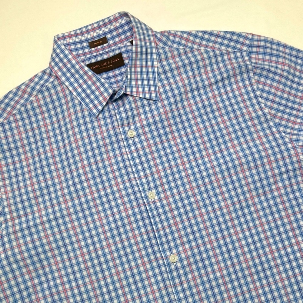 Fairlane & Sons Mens Wrinkle Free Plaid Button Down Shirt Size L Blue White Red